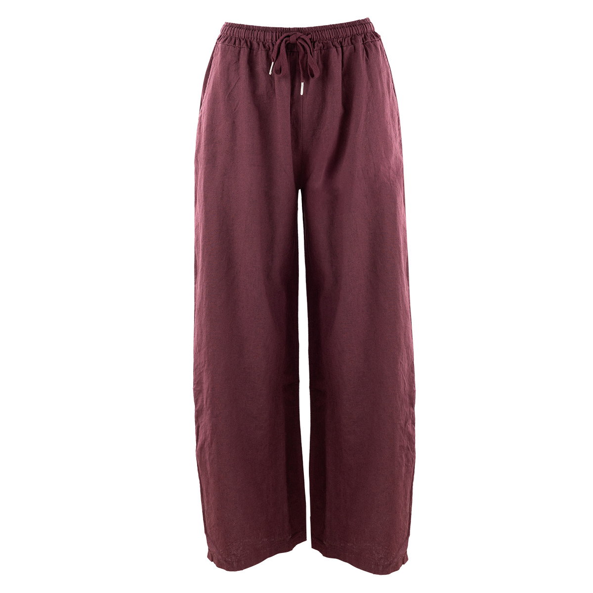 Maroon wide leg pants.