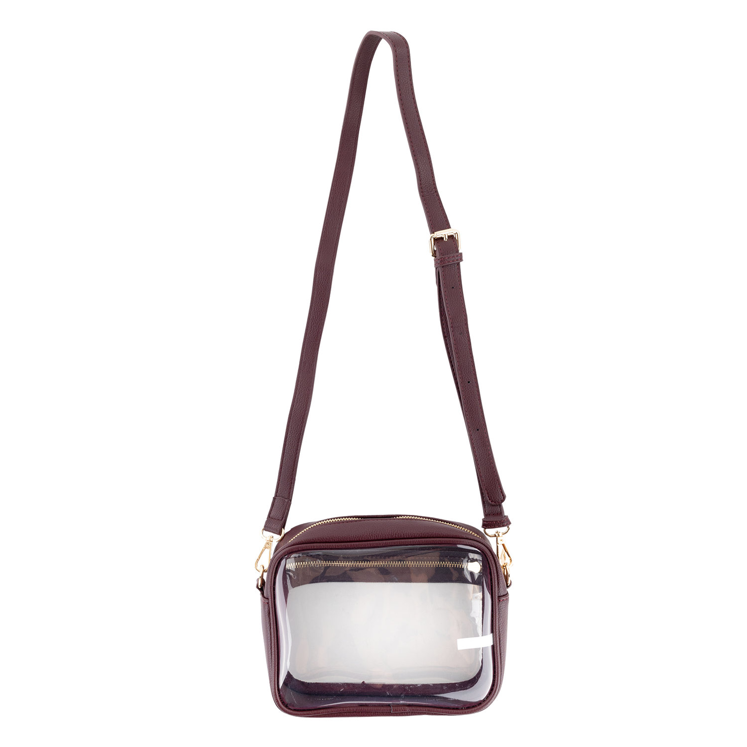 Clear purse with maroon accents and maroon straps.