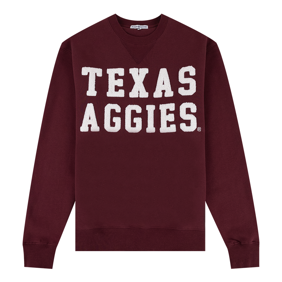 Maroon sweatshirt with "Texas Aggies" in white chenille