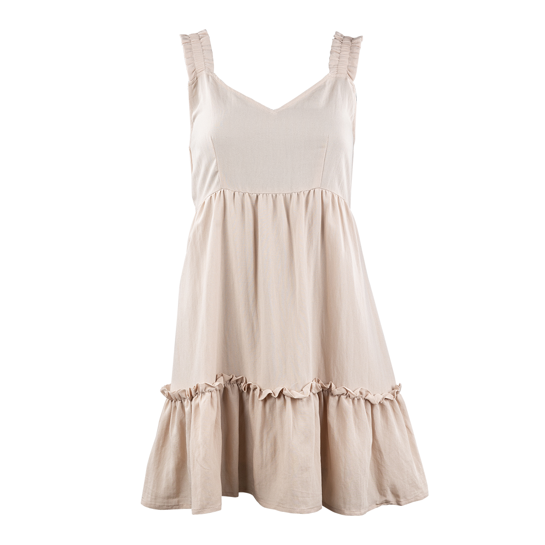 A cream dress with thick straps.