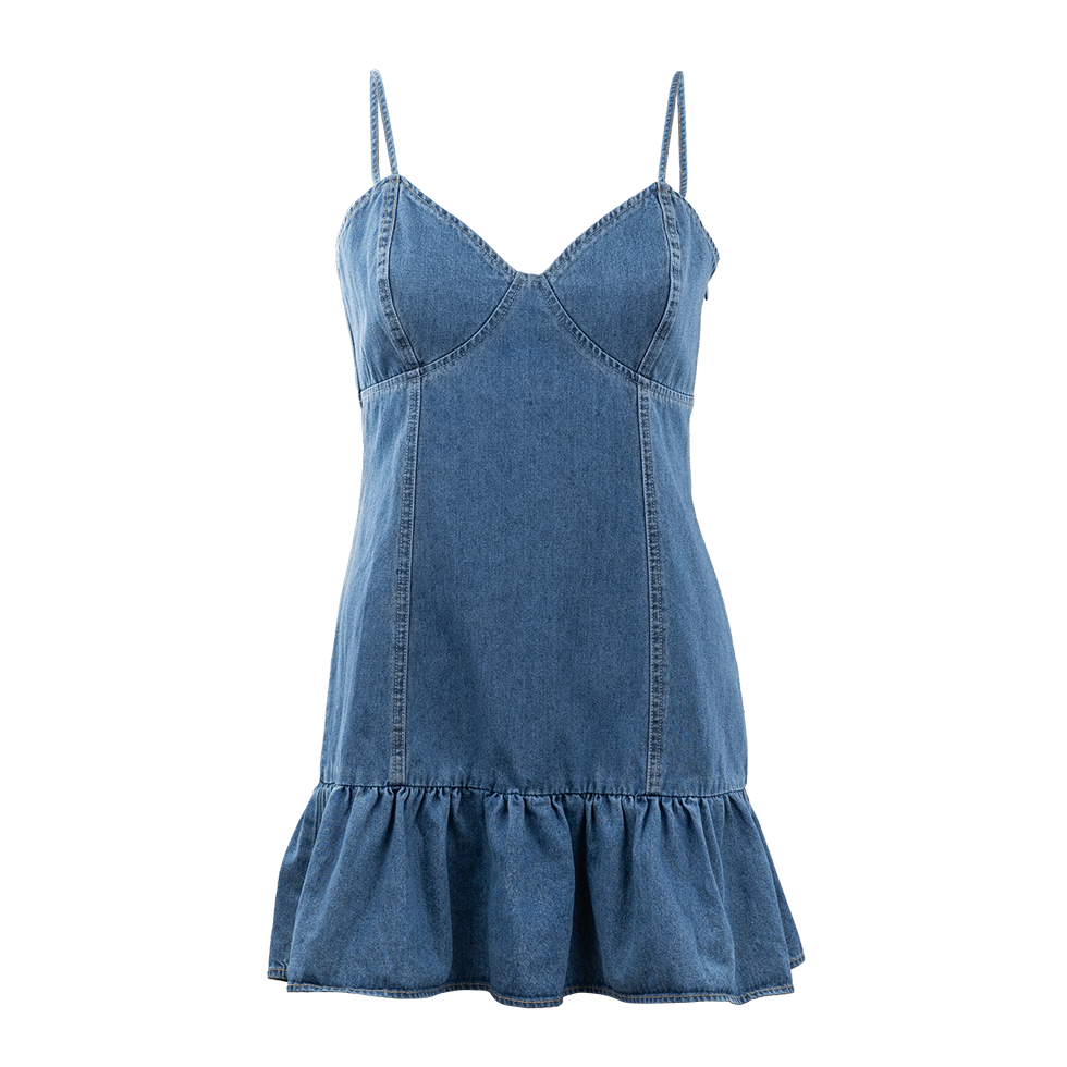 Denim dress with thin straps and ruffled bottom