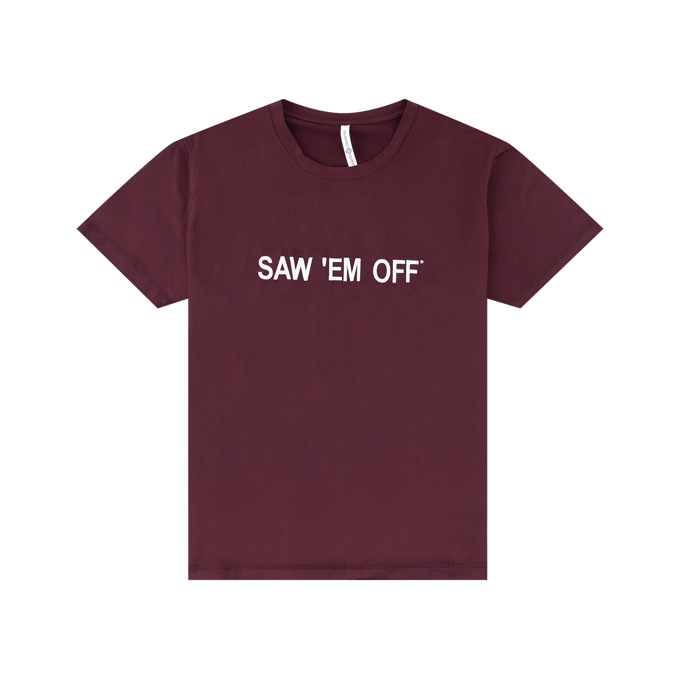 Maroon t-shirt with embroidered 'SAW 'EM OFF' in white