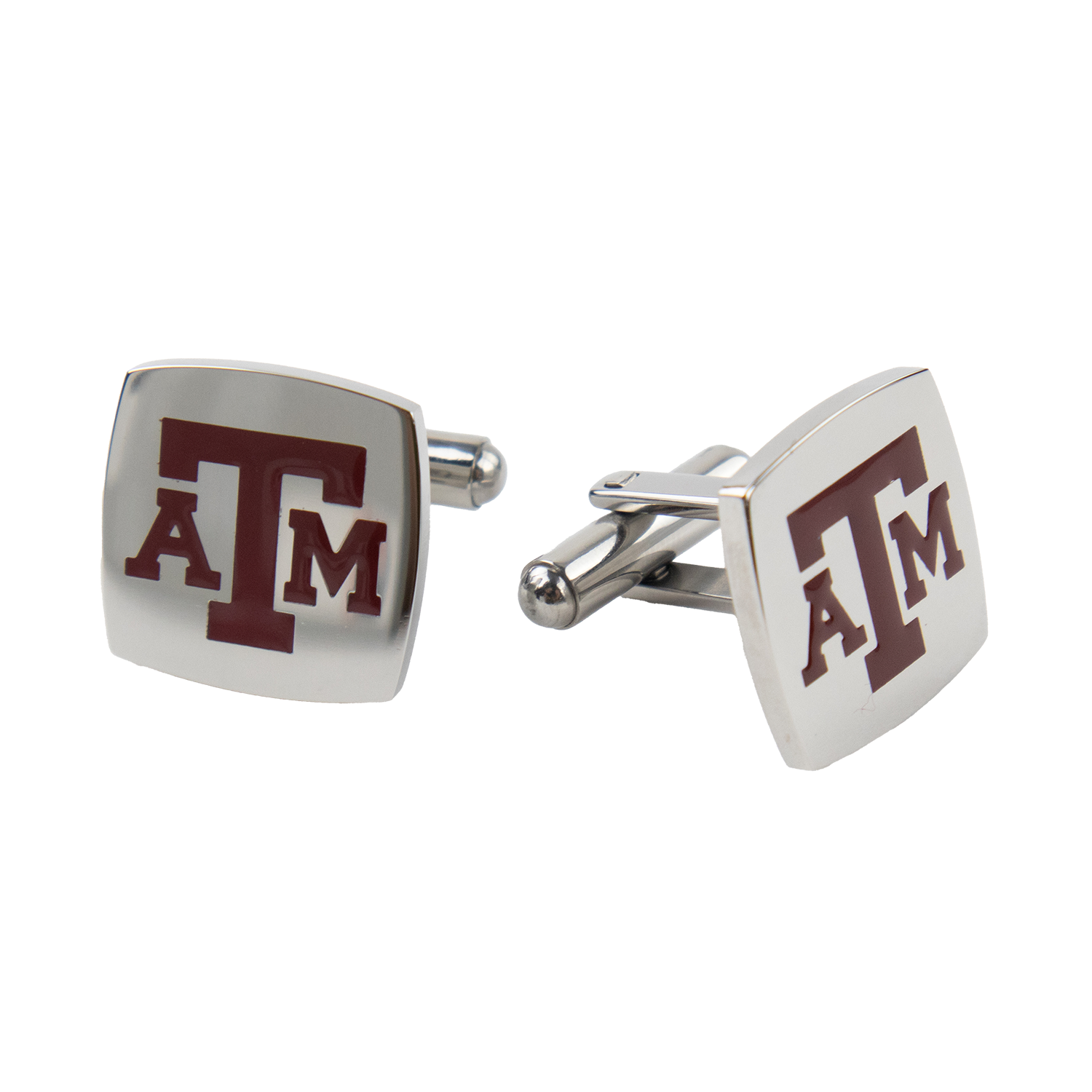 Silver square cuff links. A&M is printed in maroon block letters on the front. 