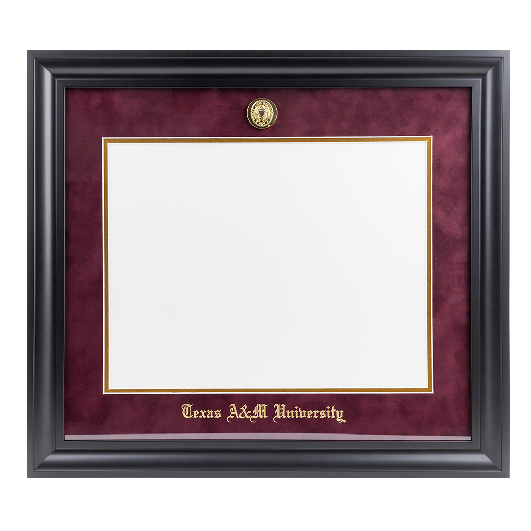 Maroon suede diploma frame with black frame.