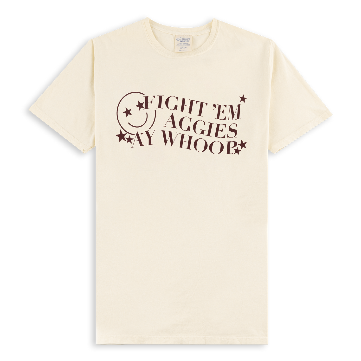 Cream white t-shirt with maroon text and smiley face