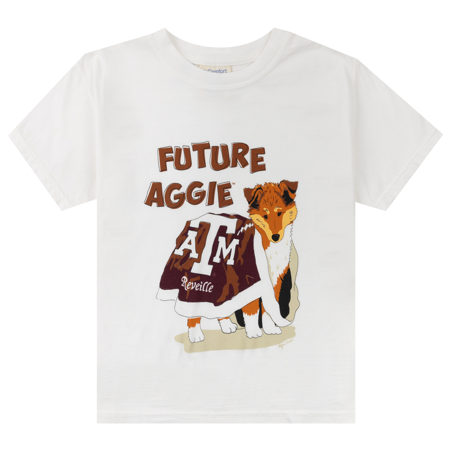 White t-shirt with "Future Aggie" text and Reveille design