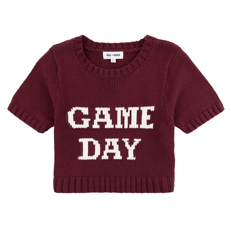 Maroon crop short sleeve sweater with "Game Day" in white