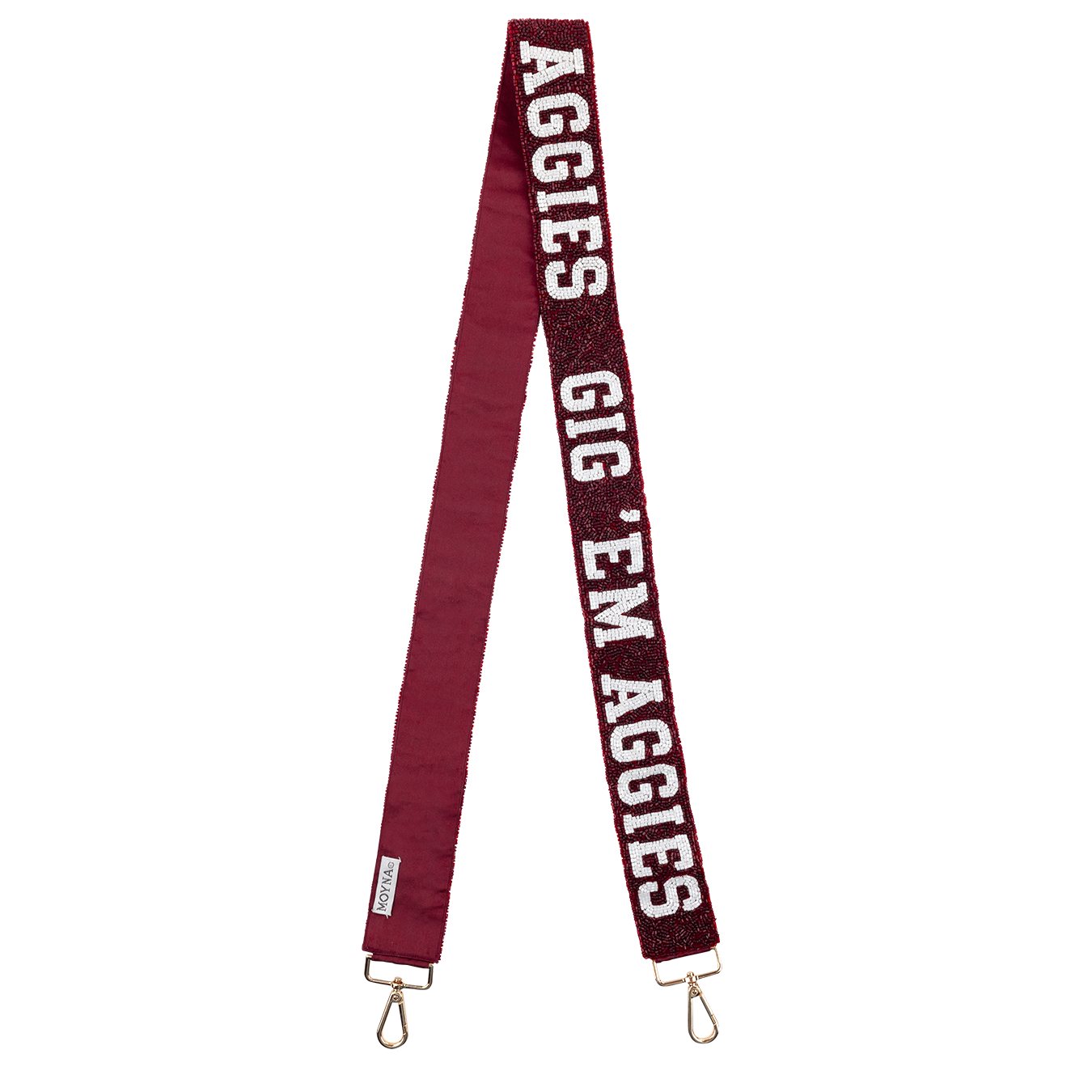 Maroon Beaded Purse Strap with white beads spelling out "Aggies Gig'em"