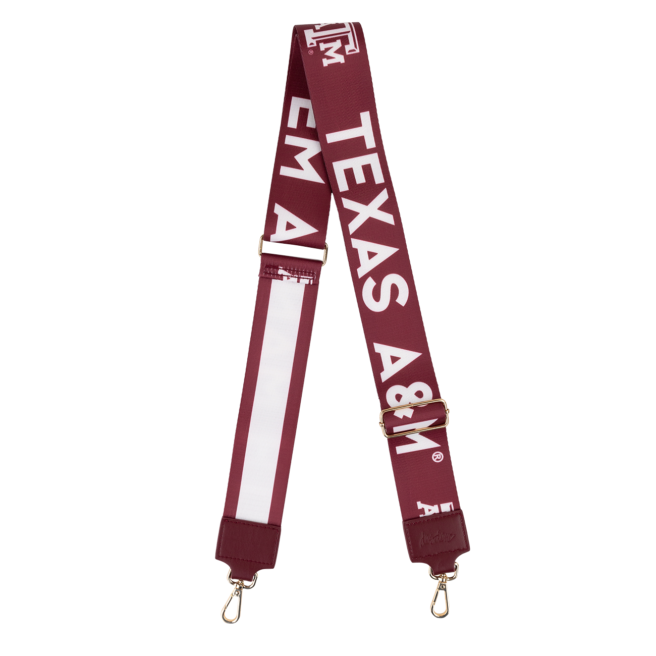 Maroon Purse Strap with gold grips and white text