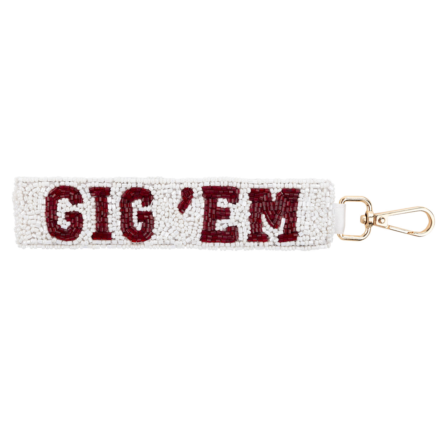 White beaded bracelet with maroon beads spelling out "Gig'Em"