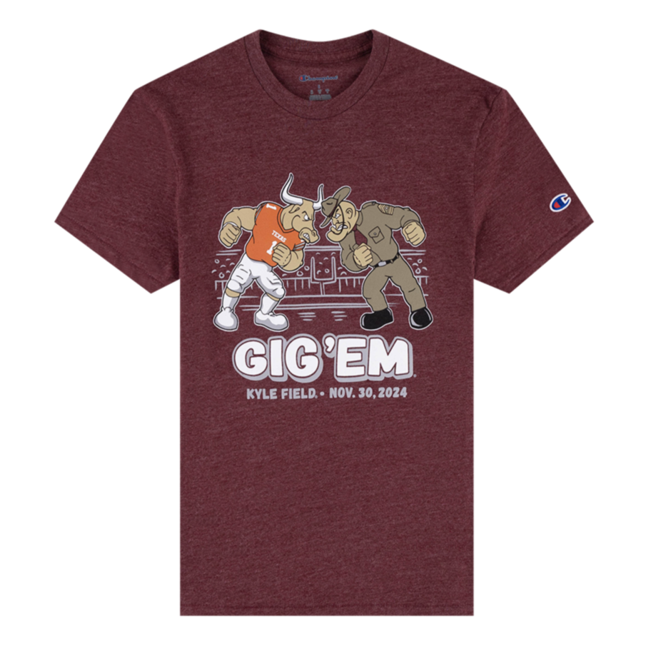 Maroon t-shirt with Ol' Sarge head to head with the Texas Longhorn. "Gig 'Em Kyle Field Nov 30, 2024" in white and gray.