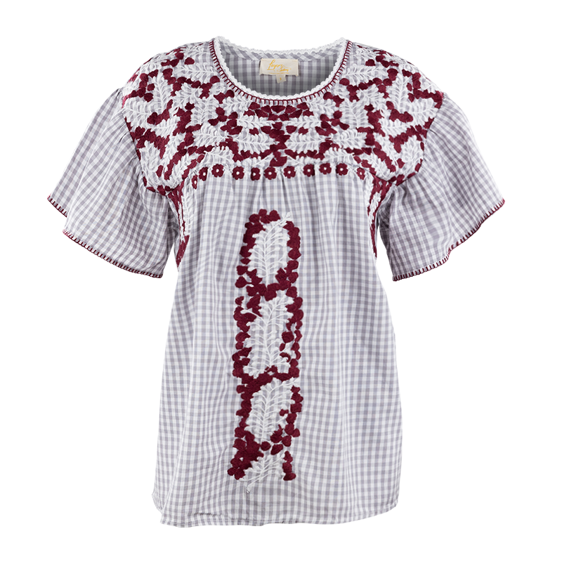 White and Grey checkered top with maroon floral stiching