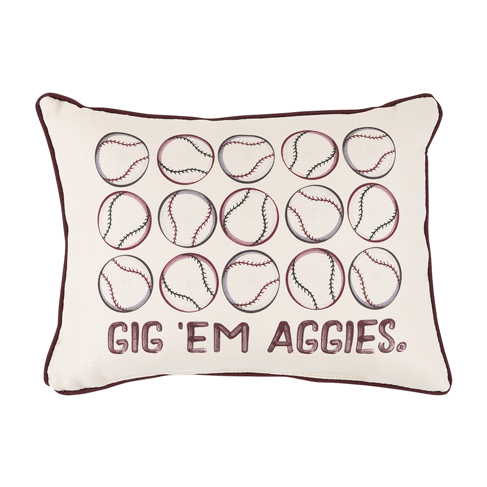 Cream pillow with repeated baseball pattern and "GIG 'EM AGGIES" in maroon