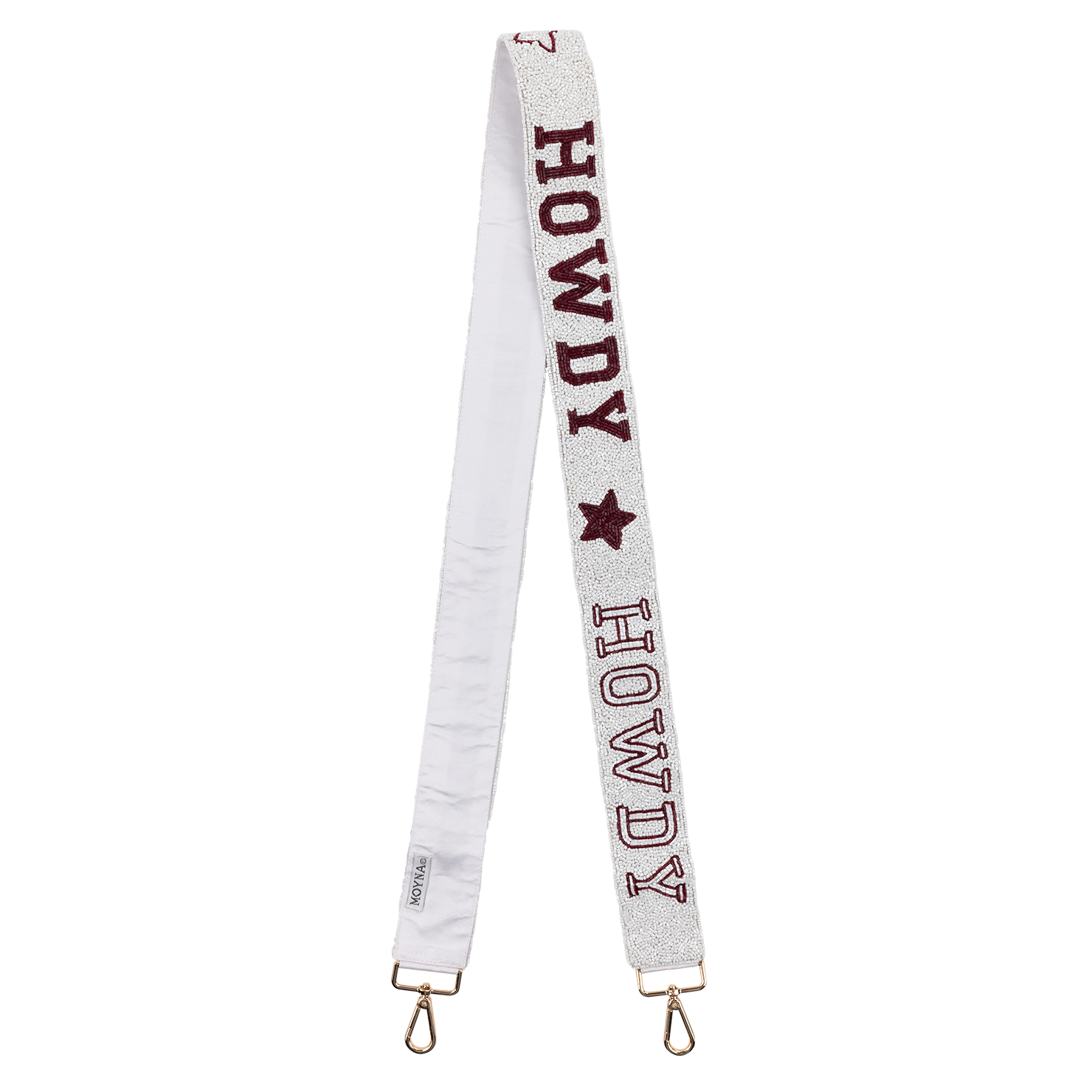 White beaded purse strap with maroon beads spelling out "Howdy" and Stars