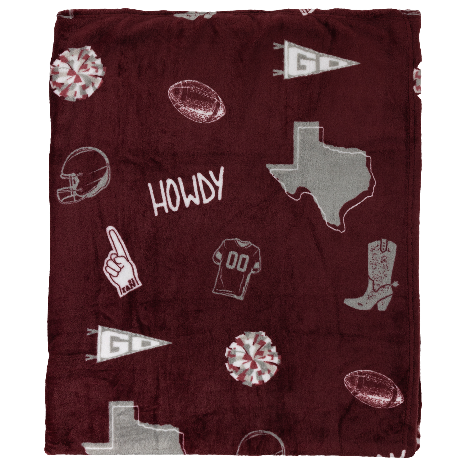 A maroon A&M themed throw blanket. There are various A&M inspired images printed throughout such as Texas, Jerseys, Footballs, PomPoms, Helmets, and Boots. 