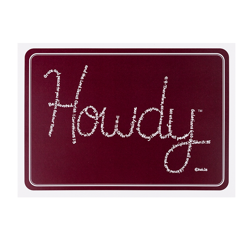 Maroon Card with "Howdy" spelled out in scripture