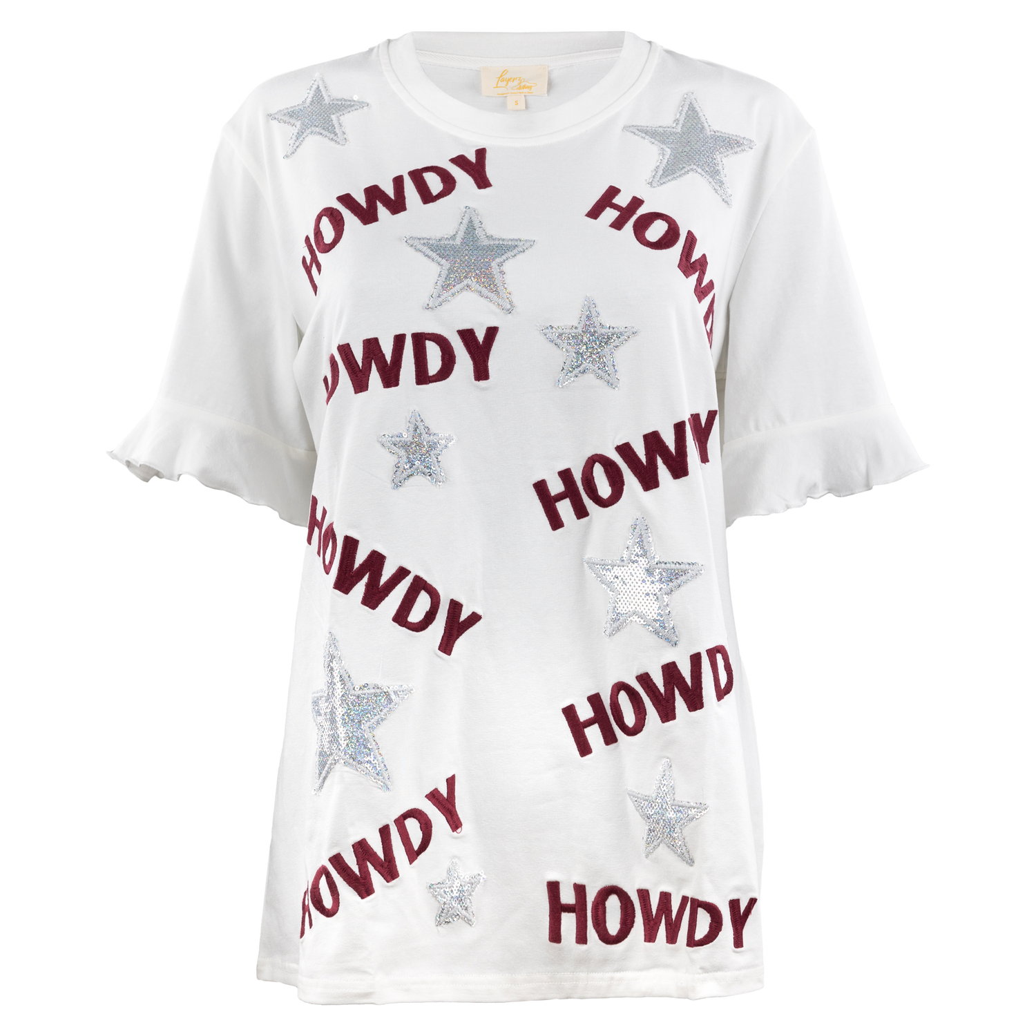 A white tee with silver sparkle stars and HOWDY in maroon block letters placed throughout