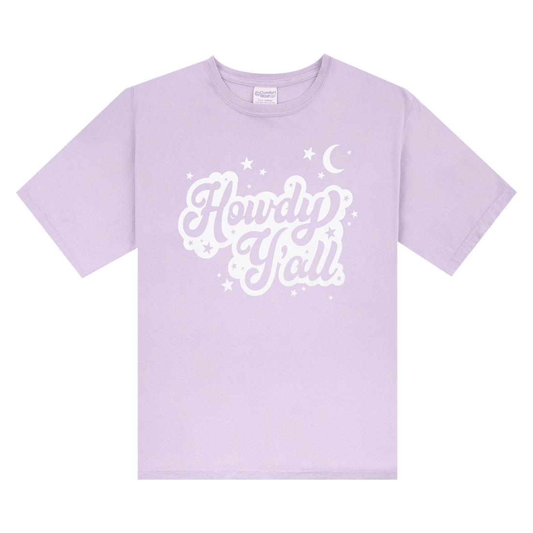 Lavender tee with "Howdy Y'all" in white with stars