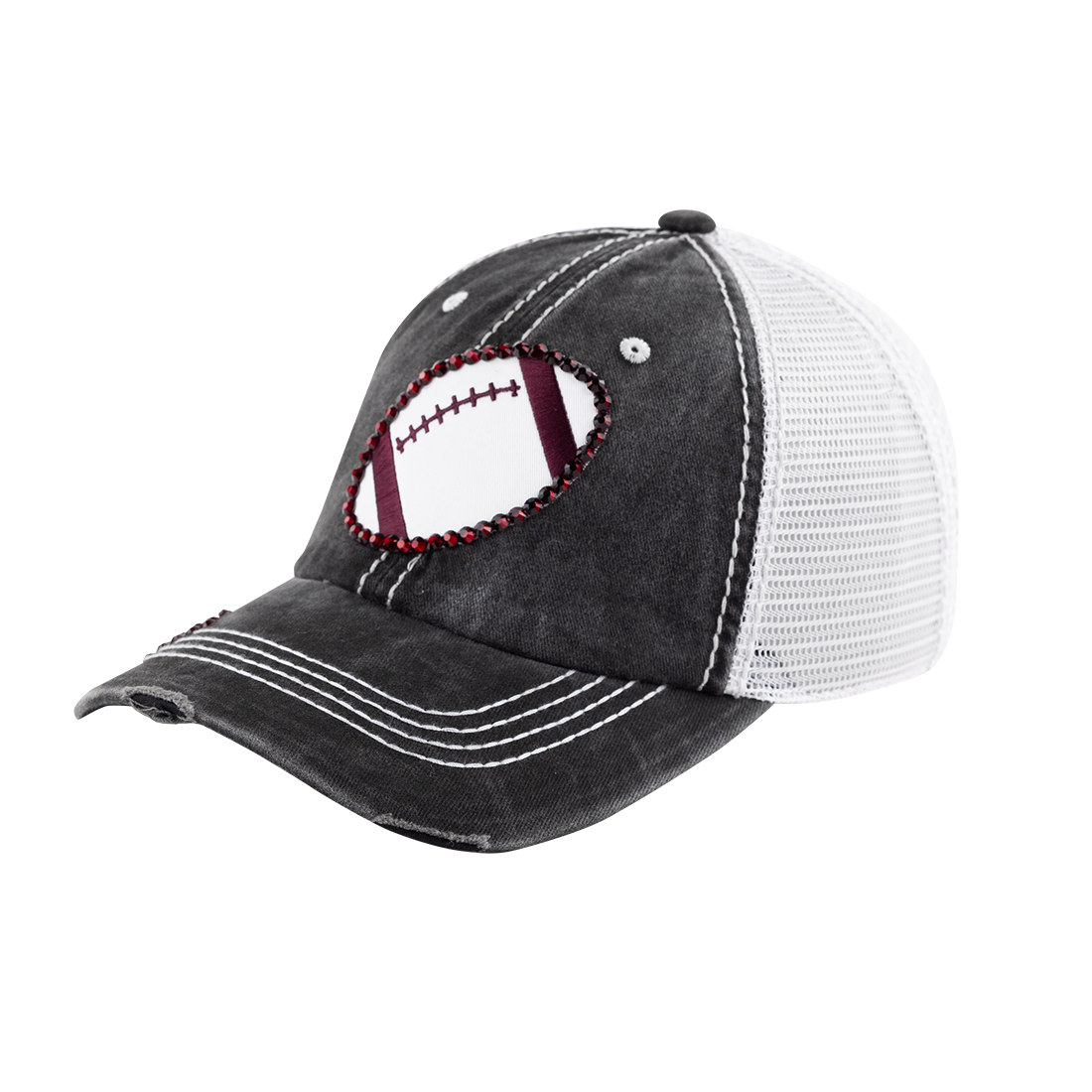 Gray cap with white mesh backing and a maroon jeweled football on the front.