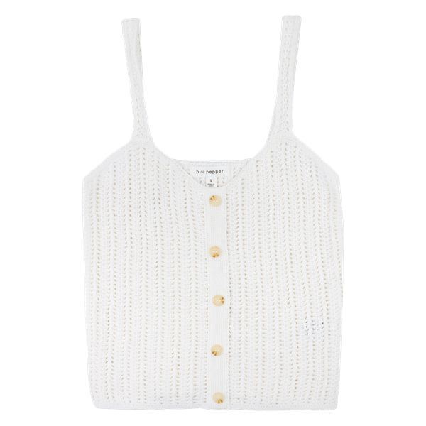 A white, knitted, button down tank top