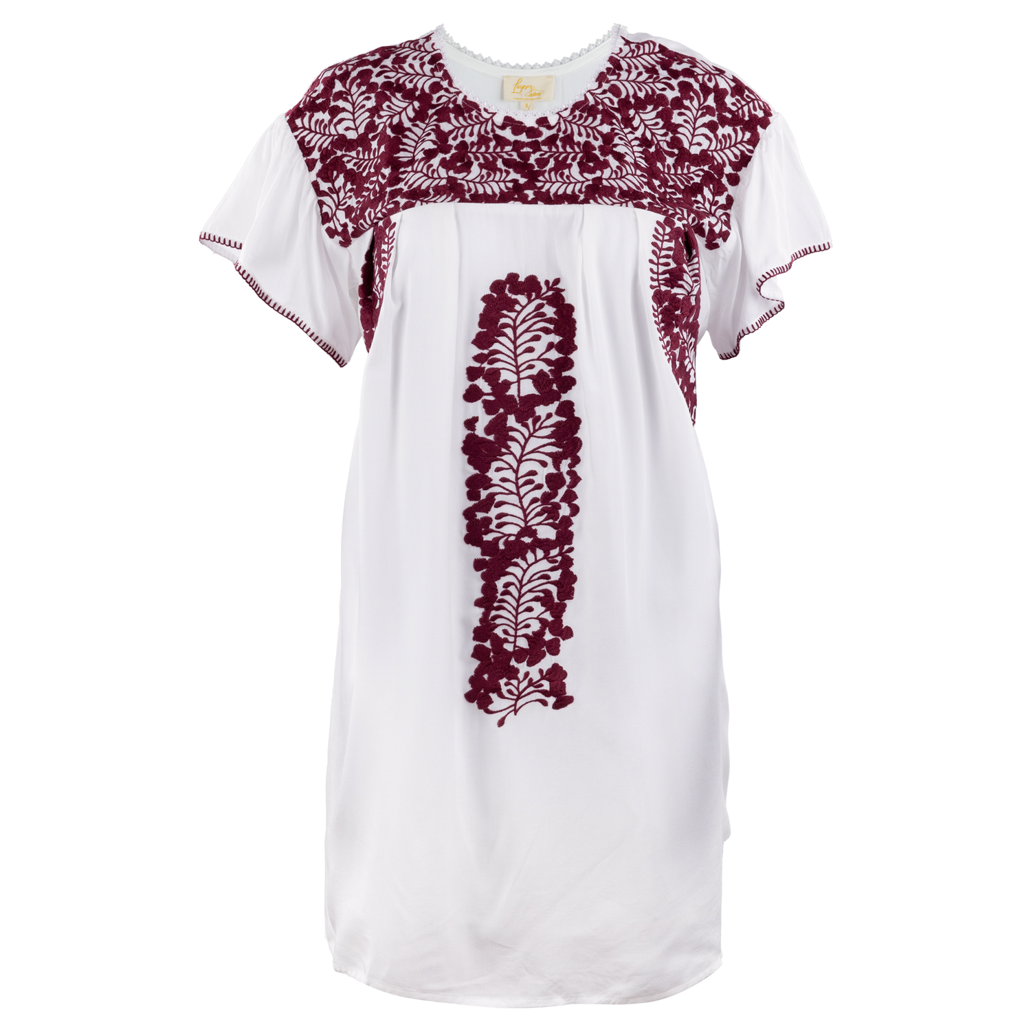 White dress with maroon floral stitching