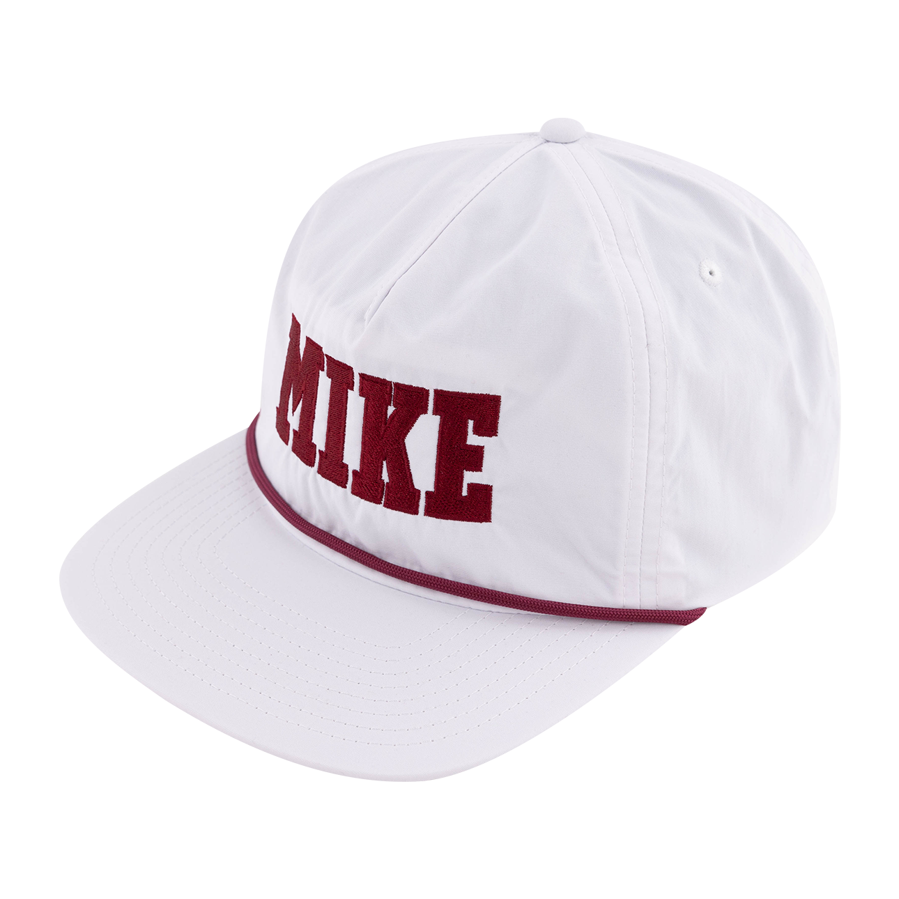 White flat brim cap with maroon rope and "MIKE" in maroon