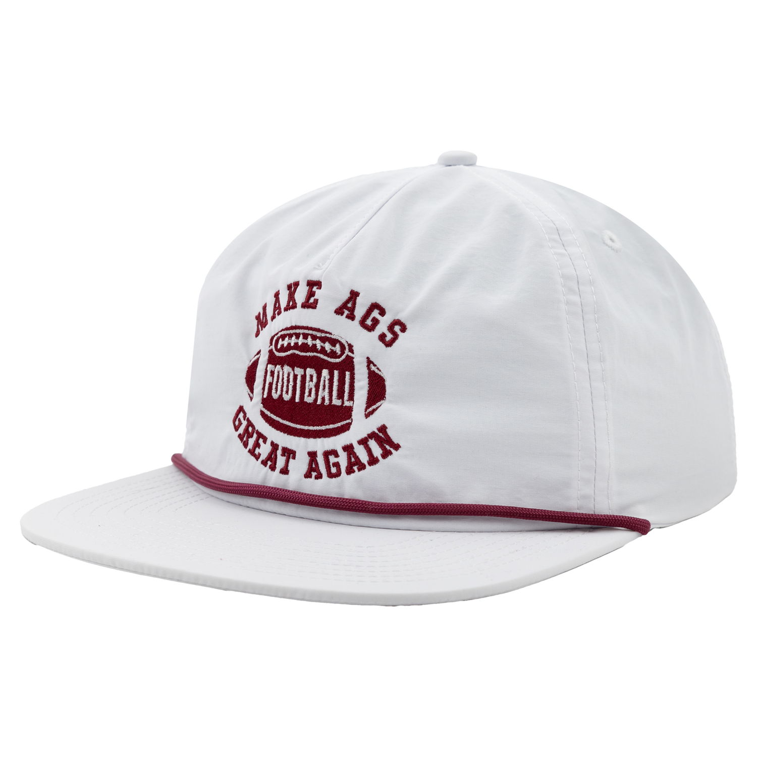 A white rope hat with a maroon rope. 'MAKE AGS GREAT AGAIN' is written in maroon writing with a maroon football in the middle. 