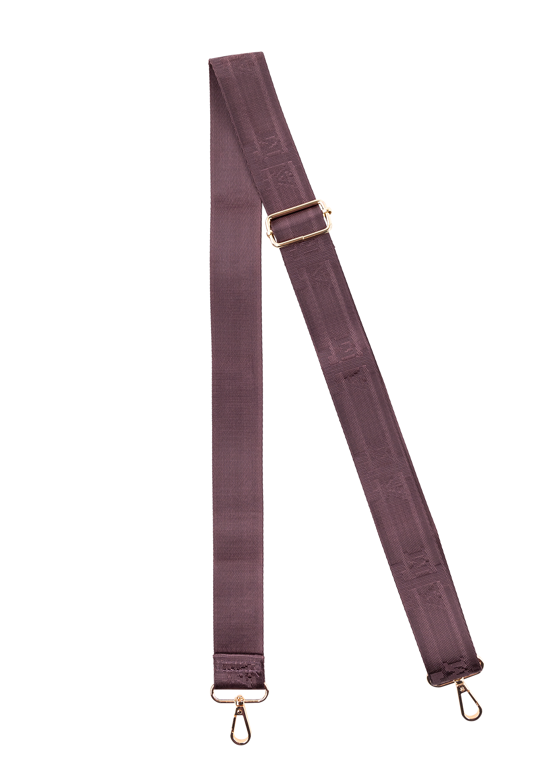 Maroon purse strap with ATM logos.