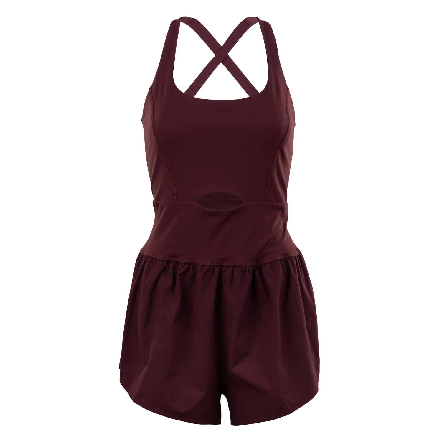 Maroon romper with crossed back straps