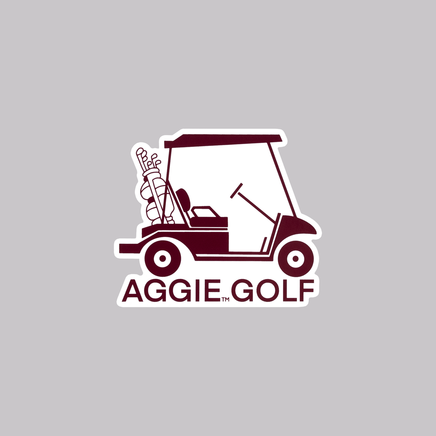 Maroon golf cart sticker with "AGGIE GOLF" in maroon.