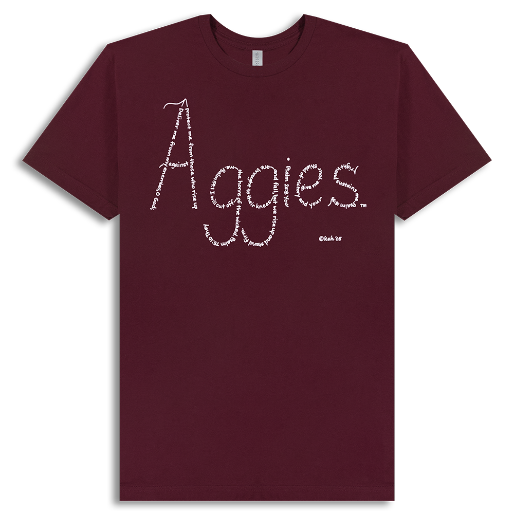 Maroon t-shirt with "Aggies" spelled out in white Bible verses