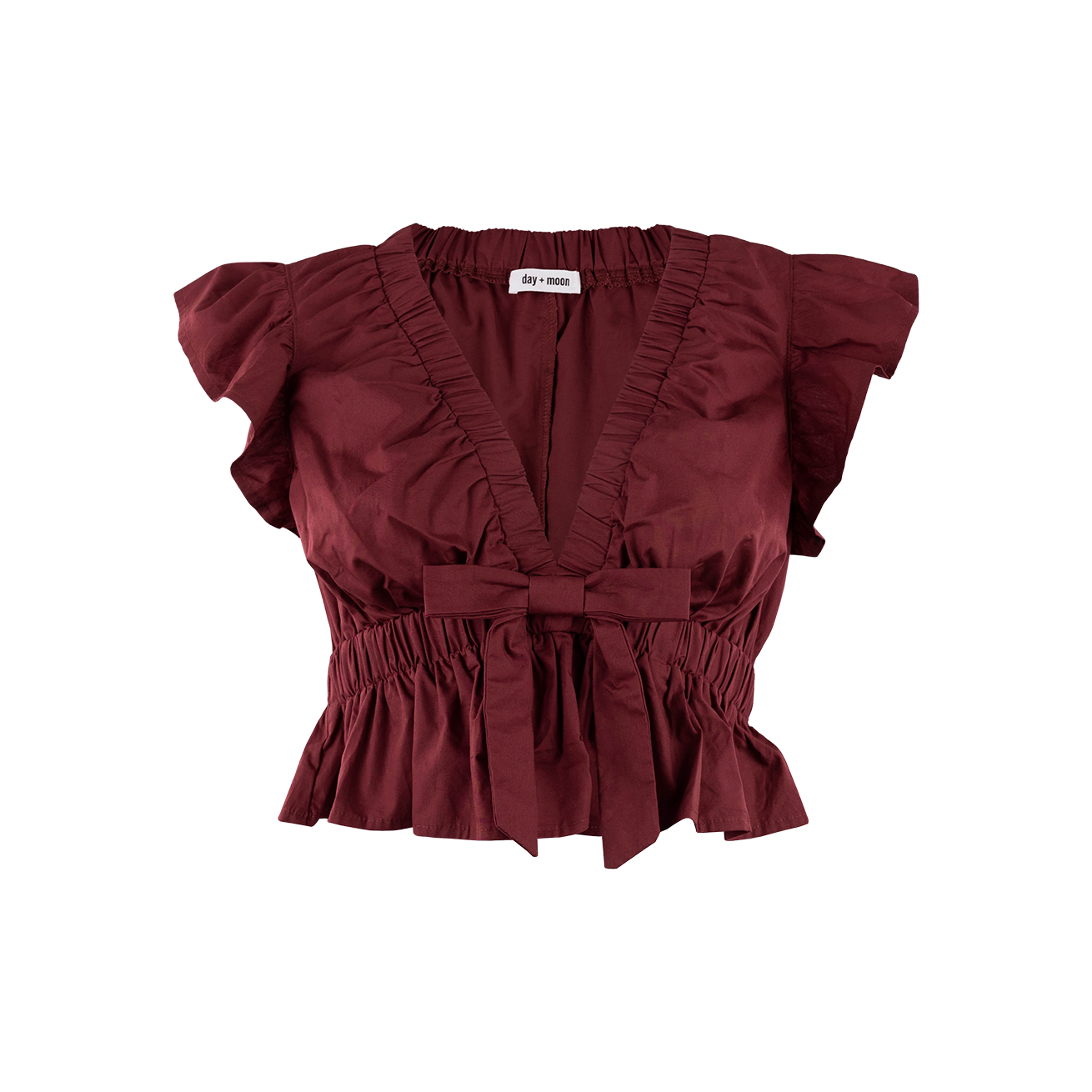 Maroon V-neck cropped blouse with bow and ruffles.