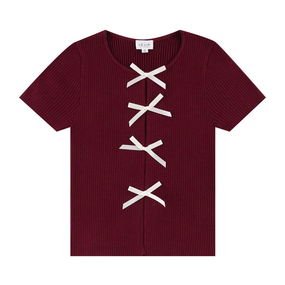 Maroon short sleeve sweater top with white bows.