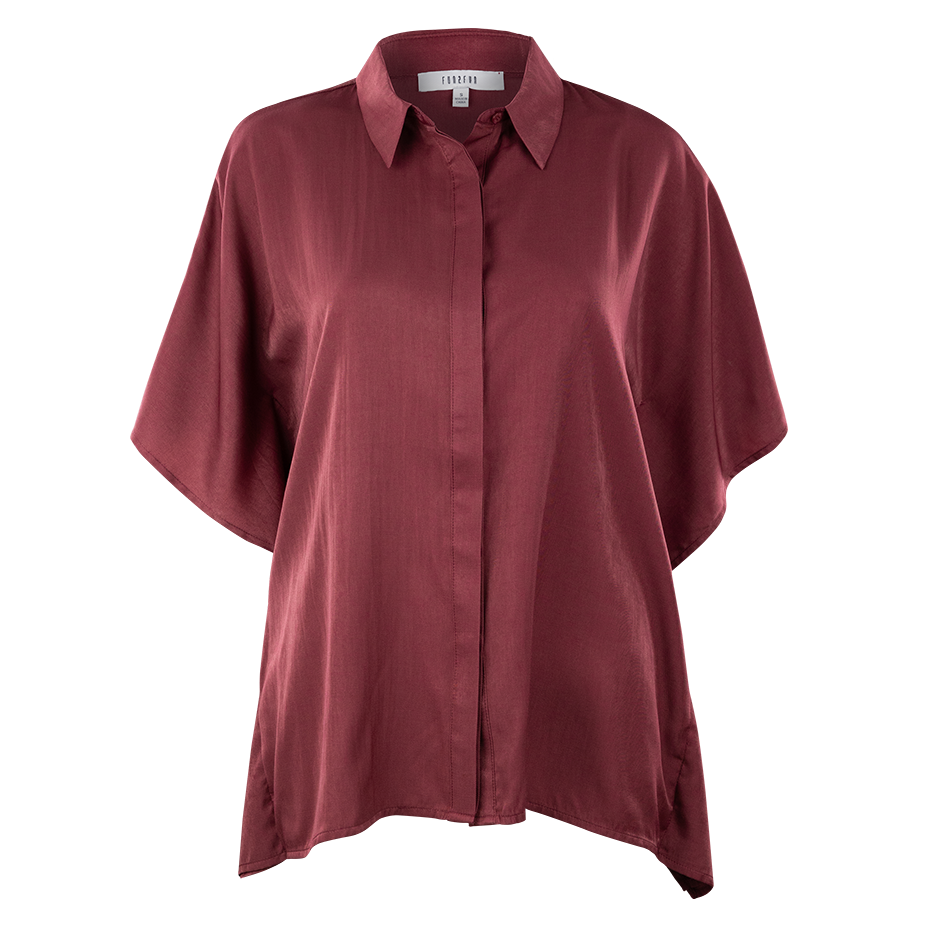 A maroon flowy top with a silk like material. There is a collar and the sleeves are very flowy