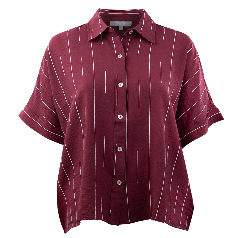 Maroon collared button down with vertical white streaks and loose sleeves