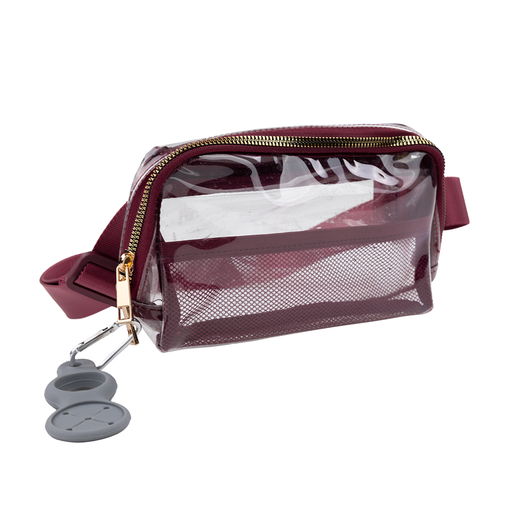 A Clear Maroon Fanny Pack with a gold zipper