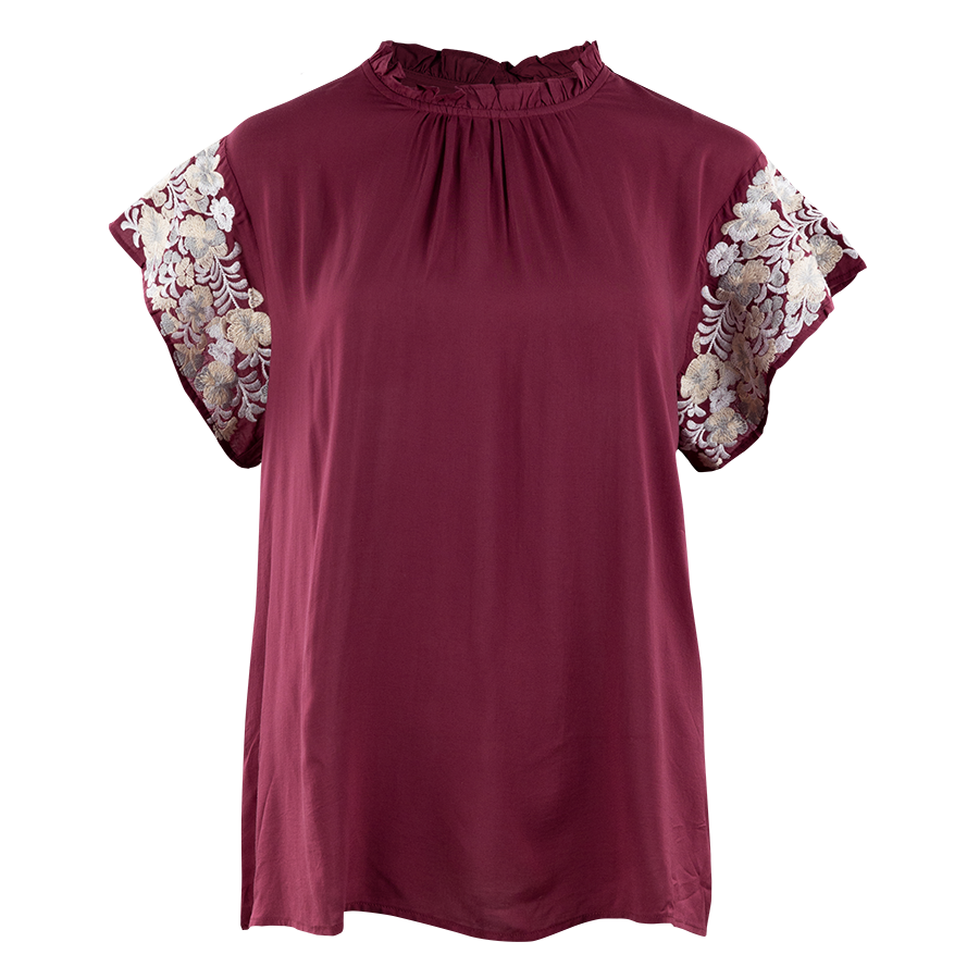 Maroon top with silver and gold sleeve stitching