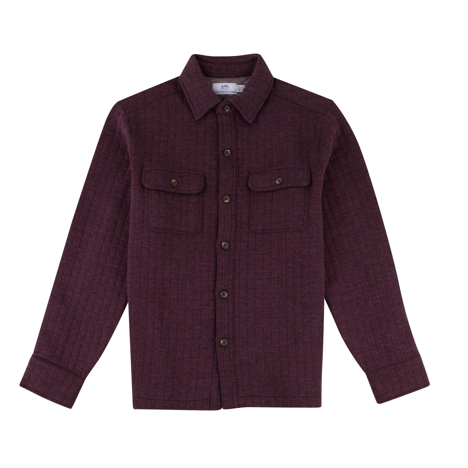 Maroon shacket with pockets on both sides.