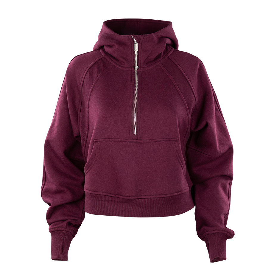 A maroon half zip hoodie. The zipper hardware is silver