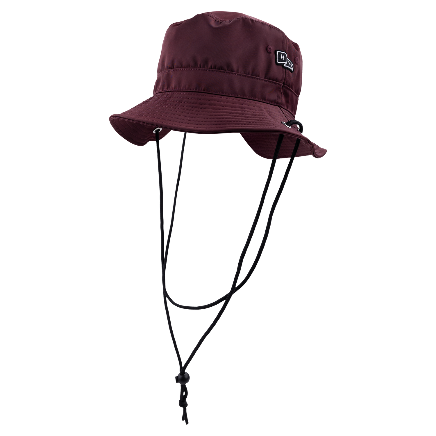 A maroon bucket hat. The draw string strap/adjuster is black. 