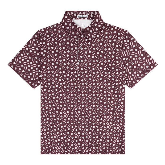 Maroon polo with white pickleball designs