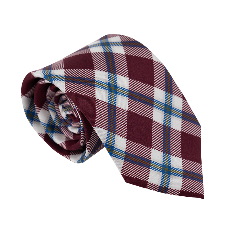 Maroon, white, and blue plaid necktie