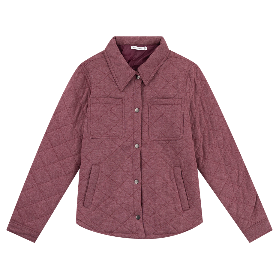 Maroon quilted shacket with four pockets.