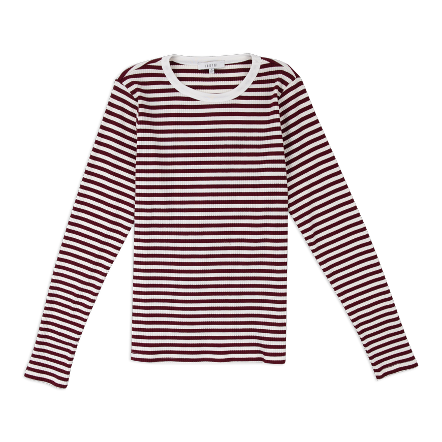 Maroon and white stripped Long sleeve with white crew neck