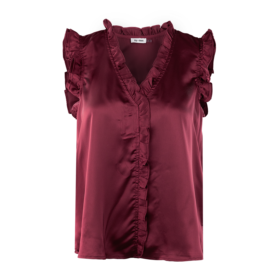 Maroon satin-like tank top with ruffled sleeves and collar