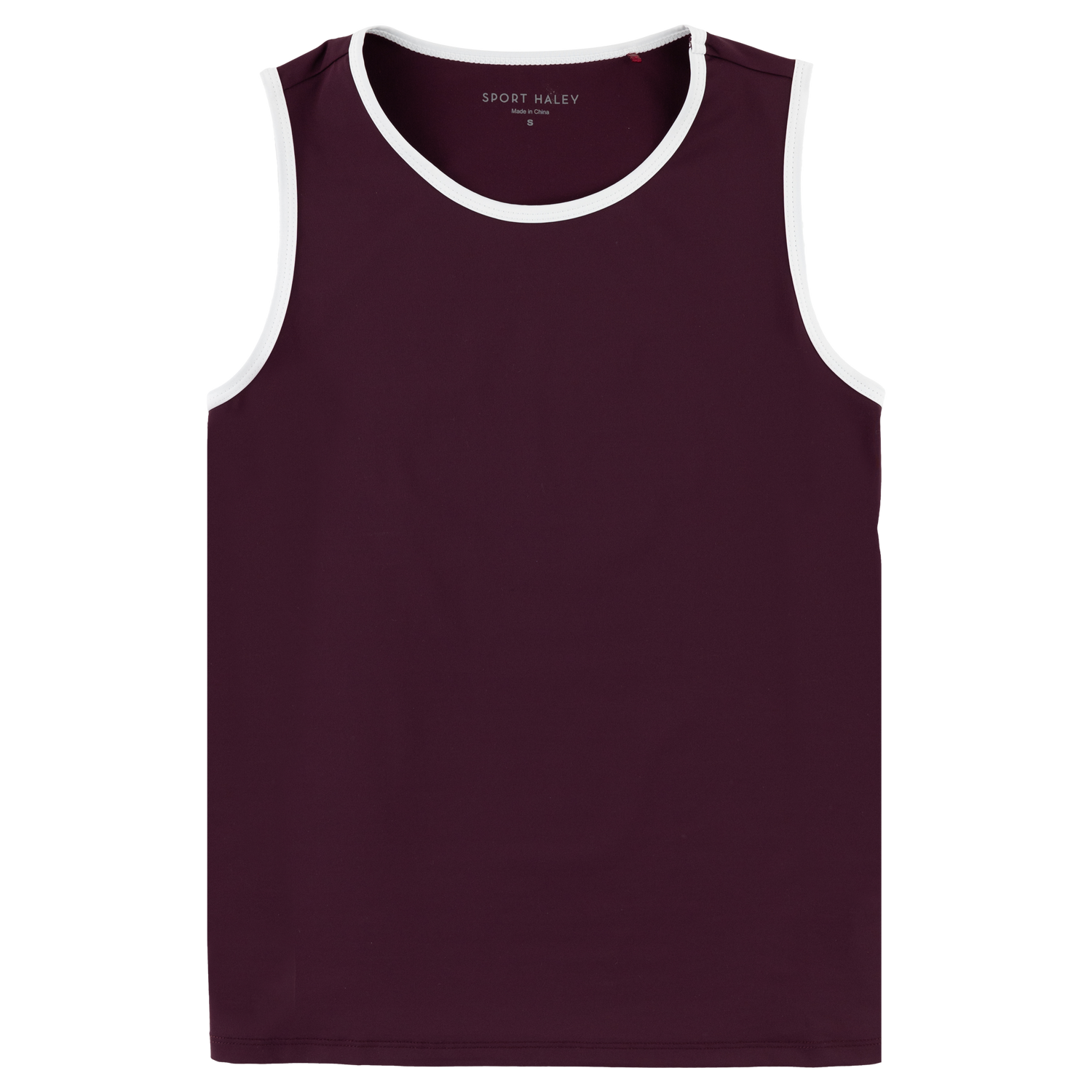 Maroon sport tank top with the sleeves and neck line outlined in white. 