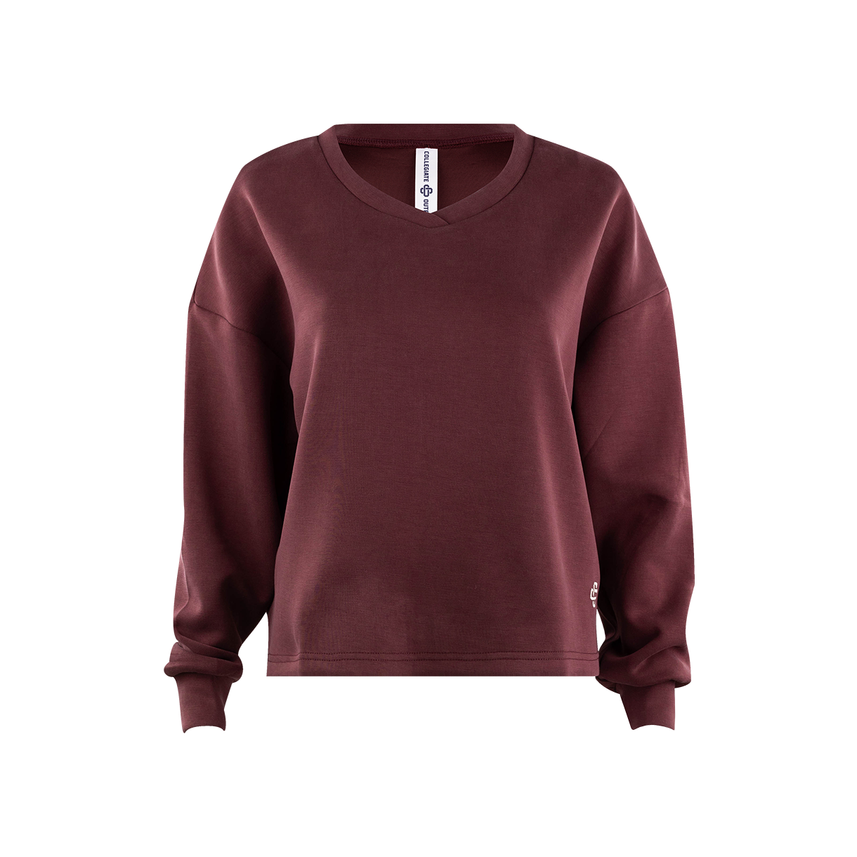 Maroon v-neck box cut sweatshirt.