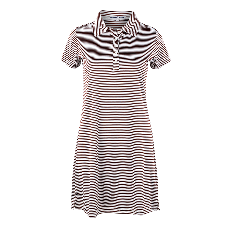 A maroon and white striped polo dress with five white buttons going down from the collar. The dress has a flowy fit