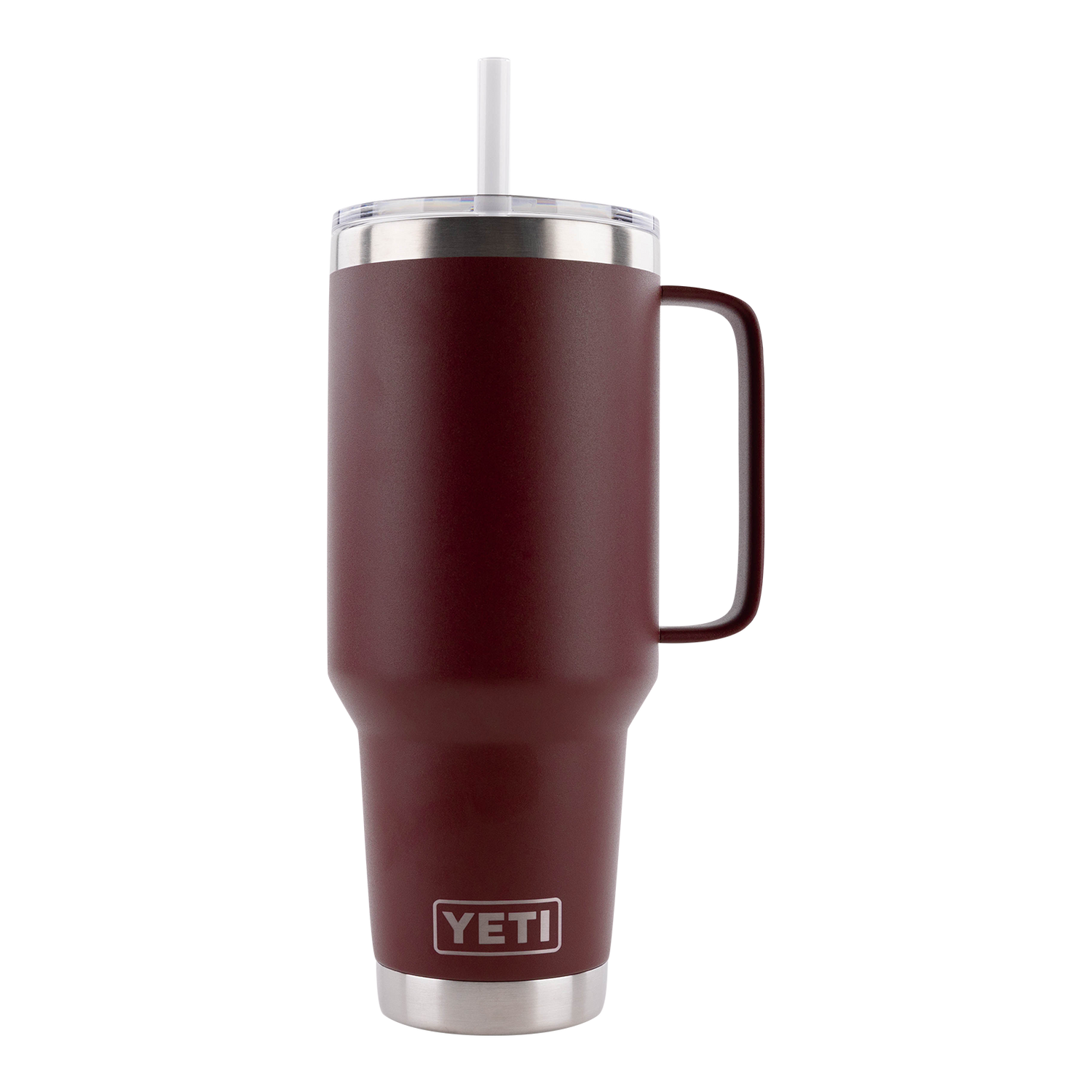 Maroon 42oz Yeti tumbler with a straw.