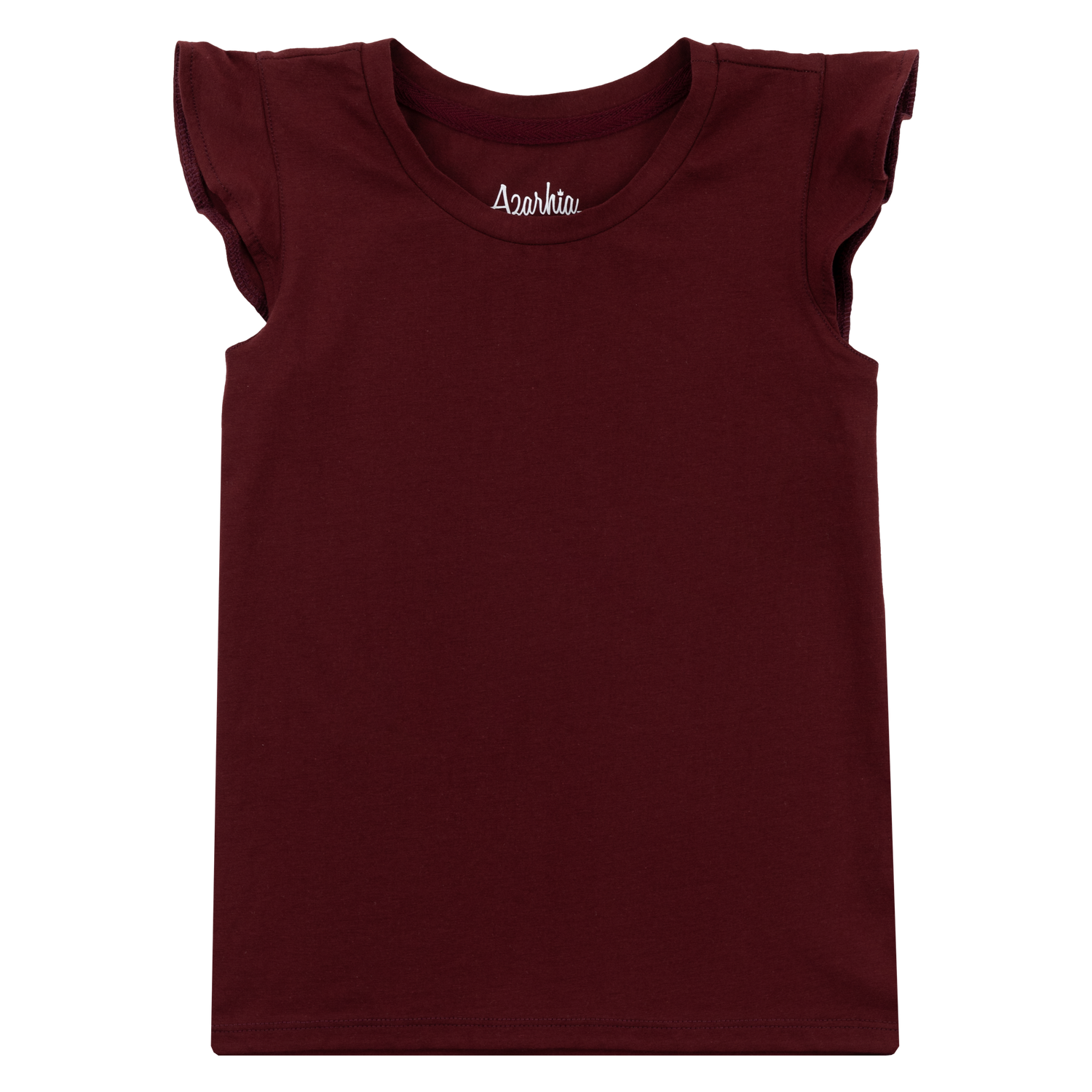 A youth maroon ruffle t-shirt with no sleeves